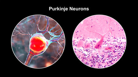 Purkinje neurons, 3D illustration and light micrograph showing large, branching neurons of the cerebellar cortex, involved in motor coordination, and affected in ataxias.の写真素材