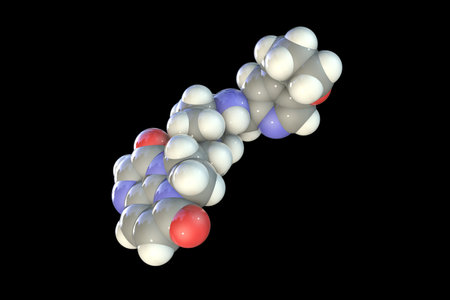 Gepotidacin molecule, 3D illustration. New-generation antibiotic targeting bacterial DNA replication. Effective against resistant pathogens like Neisseria gonorrhoeae and E. coli.の写真素材