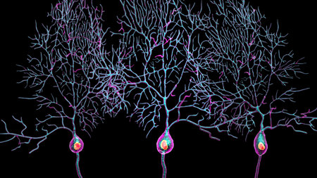 Purkinje neurons, 3D illustration showing large, branching neurons of the cerebellar cortex, involved in motor coordination, and affected in ataxias.の写真素材