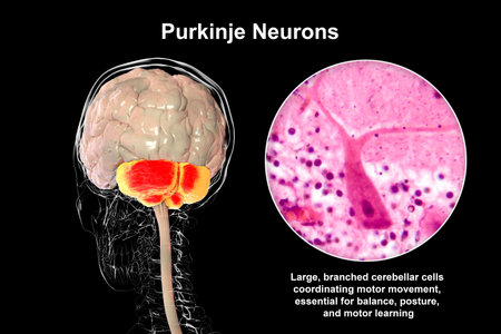 Human brain with highlighted cerebellum and close-up view of Purkinje neurons, involved in motor coordination, and affected in ataxias, 3D illustration and light micrograph.の写真素材
