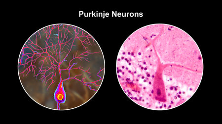 Purkinje neurons, 3D illustration and light micrograph showing large, branching neurons of the cerebellar cortex, involved in motor coordination, and affected in ataxias.の写真素材