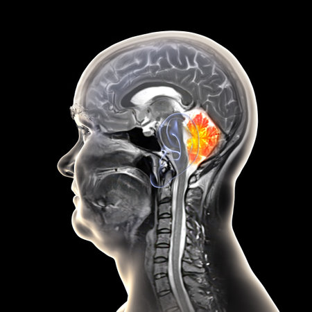 Cerebellum highlighted in the brain of a 44-year-old patient, showing structure involved in balance, coordination, and motor control, colored composite MRI image and 3D illustration.の写真素材