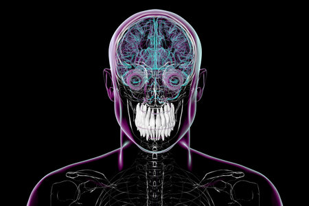 Teeth, 3D illustration in x-ray style showing human head anatomy with visible brain, cervical spine, nerves, vessels, and transparent soft tissues.の写真素材