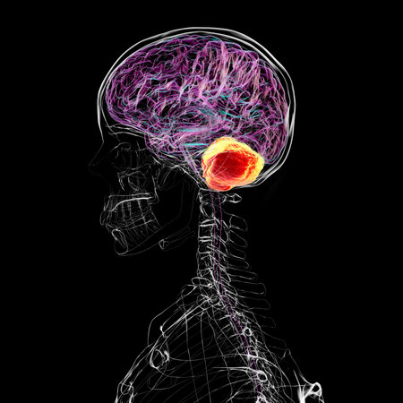 Human brain with highlighted cerebellum, 3D illustration. Cerebellum is responsible for coordination, balance, and fine motor control. Damaged in ataxia and neurodegenerative disorders.の写真素材