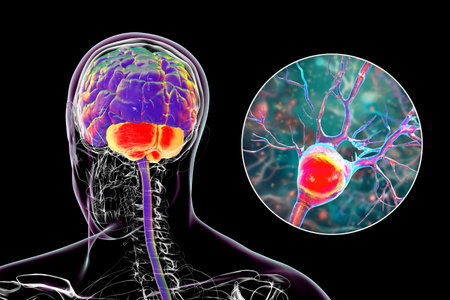 Human brain with highlighted cerebellum and close-up of Purkinje neurons, 3D illustration. Cerebellum controls balance and coordination, Purkinje cells are key neurons in motor function.の写真素材
