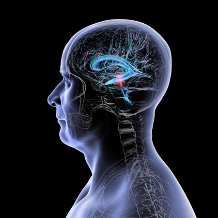 Brain with the cerebral aqueduct highlighted in red and the ventricular system in blue, showcasing...