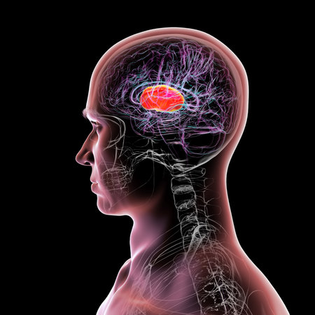 Internal capsule (red) within the human brain, 3D illustration. This white matter structure is...