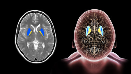 Human brain with highlighted putamen (blue) and globus pallidus (yellow), key basal ganglia...