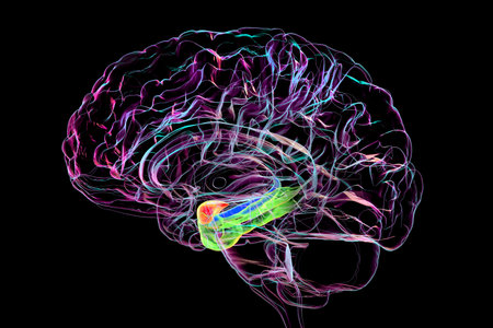 Human brain with highlighted amygdala (red), hippocampus (blue), and parahippocampal gyrus (green)...