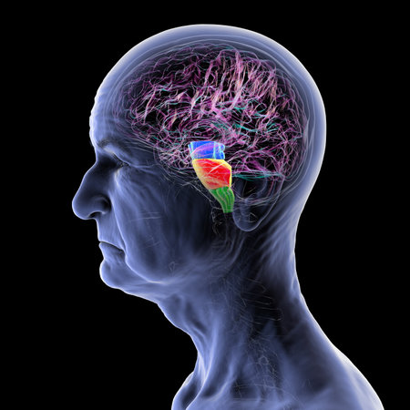 Human brain in a senior person with highlighted brain stem, vital for basic life functions and...