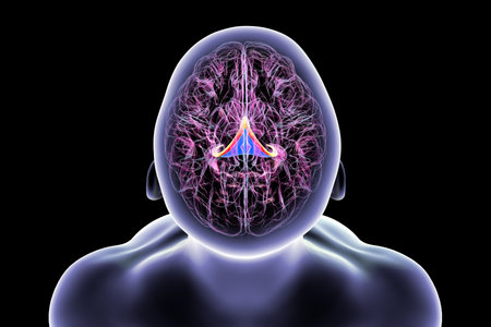 Human brain with highlighted brain fornix (orange) and commissure of fornix (blue), 3D illustration...