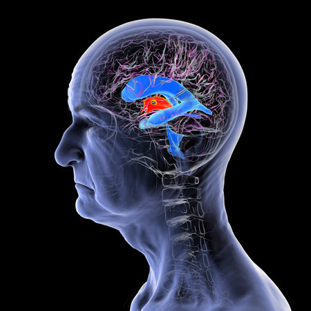Third brain ventricle (red) and ventricular system (blue) highlighted in a brain of a senior person,...