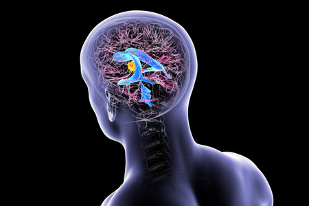 Third brain ventricle (red) and ventricular system (blue) highlighted in human brain, 3D...
