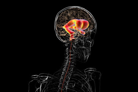 Human brain with normal pressure hydrocephalus, 3D illustration showing enlarged ventricles and...