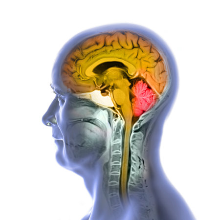 A coloured magnetic resonance imaging (MRI) scan of the brain and neck, 3D illustration showing the...