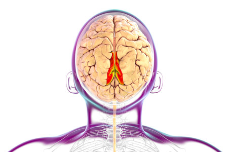 Human brain with highlighted precuneus gyrus, 3D illustration. Region involved in memory, self-awareness, and visuospatial processing.の写真素材
