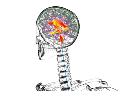 Ventricular system of the brain, 3D illustration. The ventricles are cavities in the brain that are...