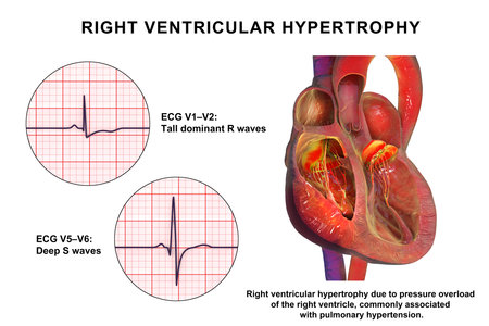 Right ventricular hypertrophy, 3D illustration showing thickened right ventricular myocardium with ECG examples in leads V1-V2 and V5-V6 demonstrating characteristic voltage changes.の写真素材
