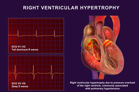 Right ventricular hypertrophy, 3D illustration showing thickened right ventricular myocardium with ECG examples in leads V1-V2 and V5-V6 demonstrating characteristic voltage changes.の写真素材