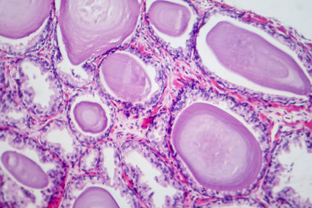 Photomicrograph showing histological features of benign prostatic hyperplasia. Enlarged prostate gland with nodular proliferation of glandular and stromal components.の写真素材