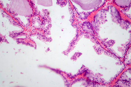 Photomicrograph showing histological features of benign prostatic hyperplasia. Enlarged prostate...