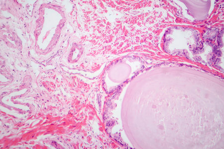 Photomicrograph showing histological features of benign prostatic hyperplasia. Enlarged prostate...