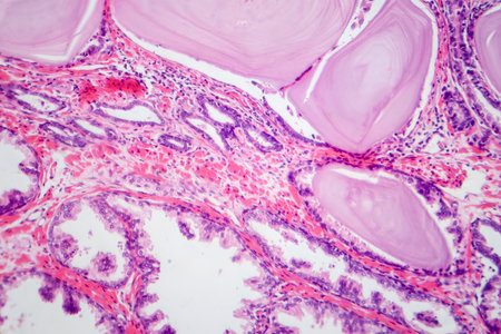 Photomicrograph showing histological features of benign prostatic hyperplasia. Enlarged prostate...