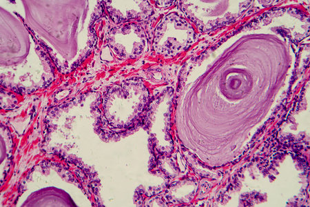Photomicrograph showing histological features of benign prostatic hyperplasia. Enlarged prostate...