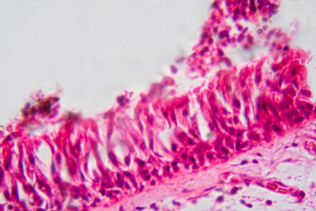 Photomicrograph of bronchial epithelial squamous metaplasia, showing squamous cell transformation in...