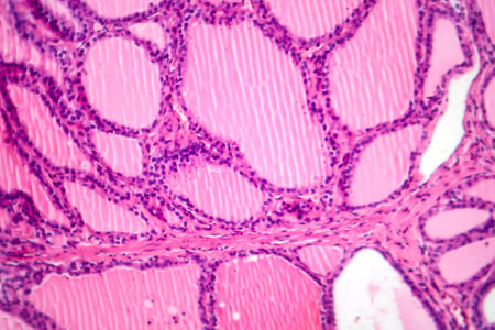 Photomicrograph of a toxic goiter tissue sample under a microscope, revealing hypertrophy of thyroid...