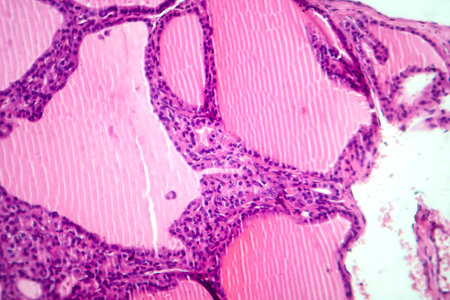 Photomicrograph of a toxic goiter tissue sample under a microscope, revealing hypertrophy of thyroid...