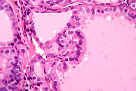 Photomicrograph of a toxic goiter tissue sample under a microscope, revealing hypertrophy of thyroid...