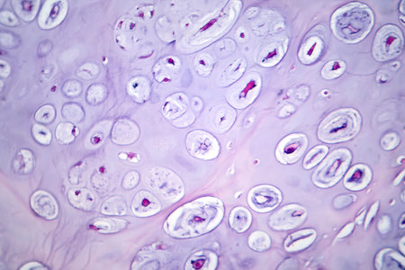Photomicrograph of chondrosarcoma, a malignant cartilage tumor, revealing chondrocytes with atypical nuclei and an abundant chondroid matrix.の写真素材