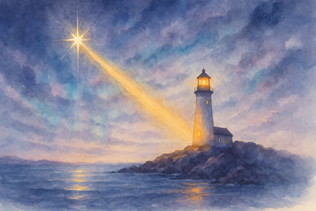 Watercolor painting of a lighthouse by the sea with warm light glowing through misty dusk, generative ai illustration.の写真素材