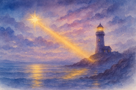 Watercolor painting of a lighthouse by the sea with warm light glowing through misty dusk.の写真素材