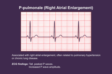P-pulmonale, 3D illustration showing ECG with tall peaked P waves consistent with right atrial...