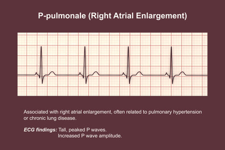 P-pulmonale, 3D illustration showing ECG with tall peaked P waves consistent with right atrial...