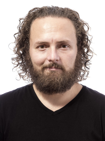 one bearded man smiling happy portrait on white backgroundの写真素材
