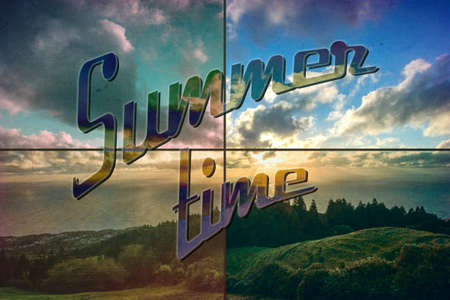a retro vintage landscape and ocean summer time postcardの写真素材