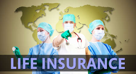 life insurance medical background with female and male doctorsの写真素材