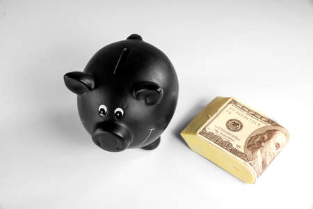 Black piggyback against white background with dollarsの写真素材