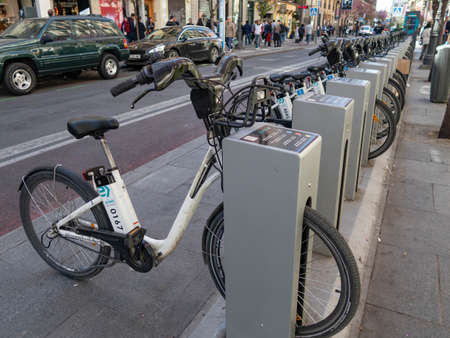 Public parking of rental bicycles in the Madrid city.