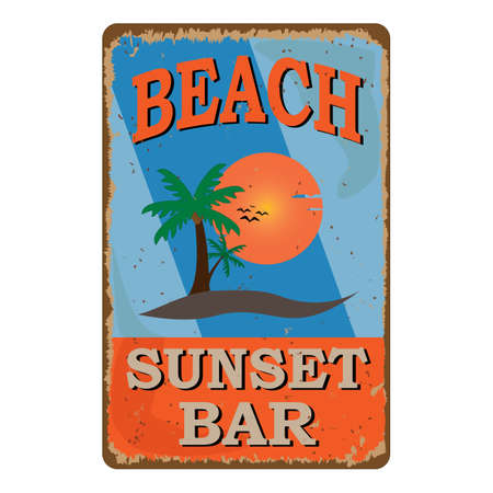retro damaged rusty sign board. Vintage advertisement for tropical cafe bar. Sun, summer and sea theme.のイラスト素材