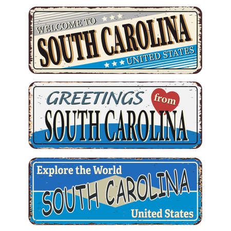 Vintage tin sign with America state South Carolina Retro souvenir or postcard template on rust background.のイラスト素材