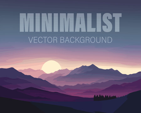 Vector illustration. Minimalist landscape. Forest and mountain. Misty background. Sunset scene with fog.のイラスト素材