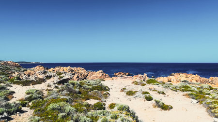 Scenic panoramic view of cliff coast and Cable Beach at Torndirrup National Park, Albany, Western Australia, wild Southern Ocean, blue sky, copy space.の写真素材