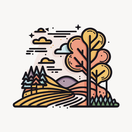 Flat line art landscape Vector illustration on white Backgroundのイラスト素材