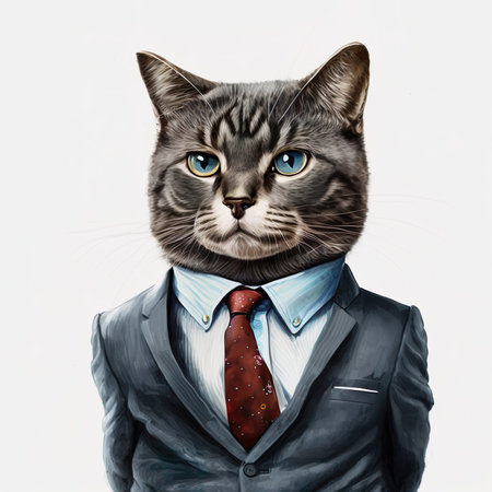 Portrait business man with an animal face on a yellow red background. Smart serious cat. Collage in magazine style. human characters through animals. Contemporary collage, art, creative ideaの写真素材