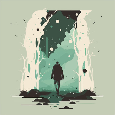 a postcard cut out of paper. a man in a dark forest dense forest. light is visible from behind through the darkness.のイラスト素材