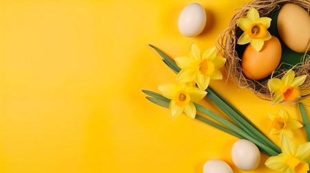 Easter eggs and spring flowers on yellow backgroundの写真素材